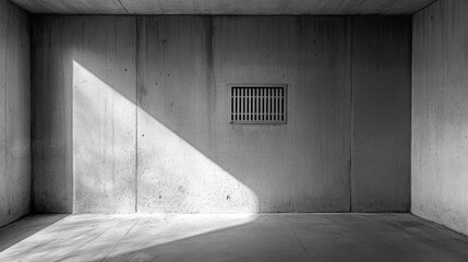 Aufkleber - Sunlight illuminates an empty, minimalist concrete room with a small barred window.