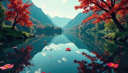 Wall Mural - intricate floral pattern reflected in calm lake water, reflection, monochrome