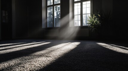 Aufkleber - Sunlight streams through windows in a dark room, illuminating dust motes in the air and casting long shadows on the carpet.