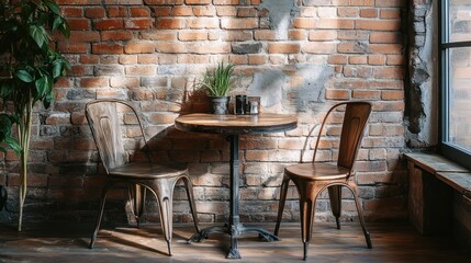Poster - Sunlit cafe interior with rustic brick wall, wooden table, and metal chairs.