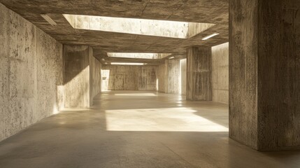 Poster - Sunlit, empty concrete interior space with columns and skylights.