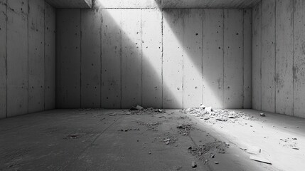 Poster - Sunlit empty concrete room with debris on floor.