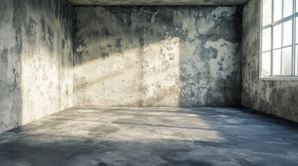 Poster - Sunlit, empty, grunge room with damaged walls and floor.