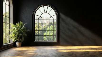 Poster - Sunlit empty room with arched windows, parquet floor, and plant.