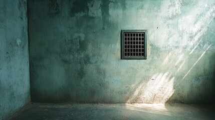 Poster - Sunlit grunge textured wall with small barred window in empty room corner.