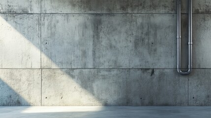 Poster - Sunlit industrial concrete wall with metal pipes.