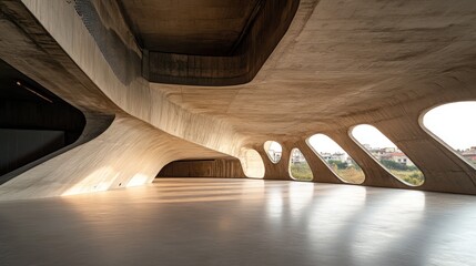 Aufkleber - Sunlit interior of a modern concrete building with curved walls and oval windows.