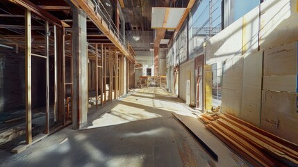 Aufkleber - Sunlit interior of building under construction, showing exposed framing, concrete floor, and building materials.