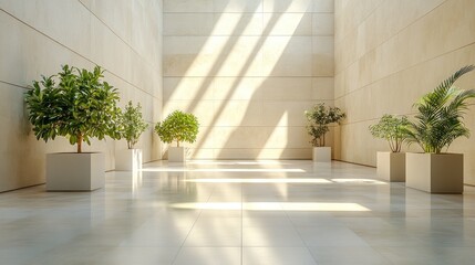 Aufkleber - Sunlit minimalist interior with potted plants in a modern building.