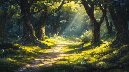 Poster - Sunlit path through a lush green forest with large trees and mossy ground.
