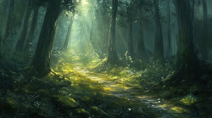 Poster - Sunlit path through a mystical forest with lush greenery and mossy rocks.