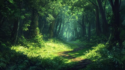 Poster - Sunlit path through lush, green forest.