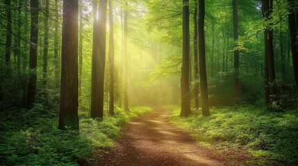 Poster - Sunlit path through lush green forest with tall trees and soft mist.
