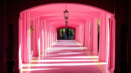 Poster - Sunlit pink hallway with arched ceiling, curtains, and lantern.