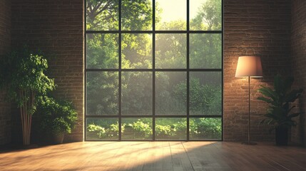 Poster - Sunlit room with large window, brick walls, wooden floor, and potted plants.