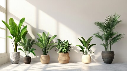 Poster - Sunlit room with various potted plants of different sizes and types arranged along a white wall.