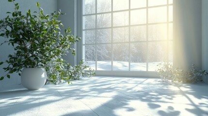 Aufkleber - Sunlit winter room interior with potted plant, snowy landscape view from large window.