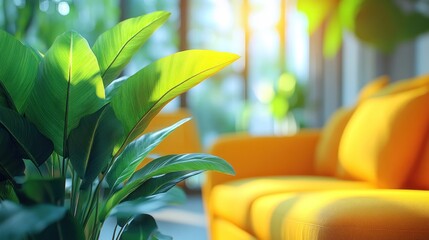 Poster - Sunlit yellow sofa and lush green plant in a modern interior.