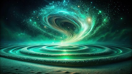 Wall Mural - A swirling cosmic nebula descends upon a serene, rippling desert landscape, creating a breathtaking celestial spectacle