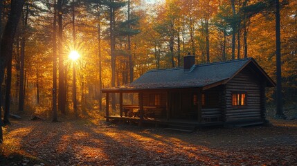 Poster - Sunrise illuminating a cozy log cabin nestled in a vibrant autumn forest.