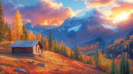 Poster - Sunrise over majestic mountains with autumn foliage and a rustic wooden cabin.