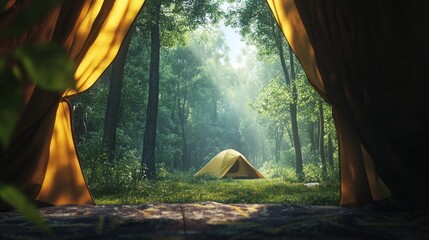 Poster - Sunrise view of a yellow tent pitched in a lush green forest, seen through parted curtains.