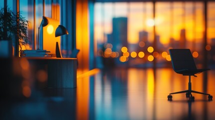 Poster - Sunset view from modern office with desk, chair, and city skyline.