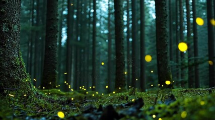 Wall Mural - glow of fireflies illuminates mystical forest at night with tall trees and lush greenery