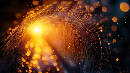 A close-up of a dew-covered spider web shimmering in golden sunrise light, tiny droplets refracting colors.