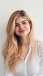 © Oksana Smyshliaeva - Smiling Woman with Long Blonde Hair in White Shirt Against White Background.