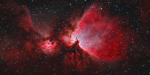 Wall Mural - Magnificent view of Gum 29 Nebula glowing in vastness with radiant, red and dark hues