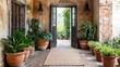 © Pannee - Woven rug in rustic entryway with clay pots and wood elements surrounding the space