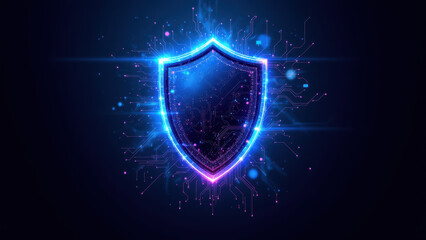Wall Mural - A dynamic digital shield with cybernetic elements against a dark background, symbolizing internet security.