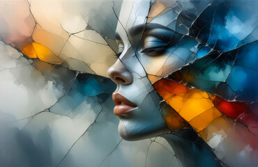 Poster - Abstract portrait of a woman with a fractured, colorful style.  Geometric shapes and vibrant hues create a dynamic and artistic representation of a female face.