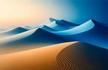 Aufkleber - Abstract desert landscape featuring smooth sand dunes that transition from warm golden hues in the foreground to cool blue tones in the background under a serene sky.
