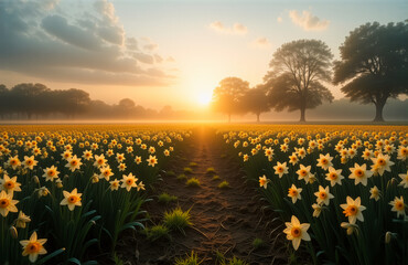 Poster - Golden light bathes a field of yellow flowers at sunrise. Trees stand silhouetted against the bright sky in this peaceful and serene landscape.