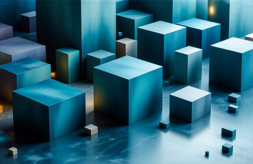 Poster - Abstract geometric arrangement featuring blue and purple cubes of different sizes. Modern and minimalist style with a dynamic composition, creating depth and visual interest.