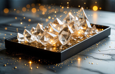 Poster - Clear crystal pyramids are elegantly arranged on a black tray, shimmering with golden sparkles against a marble surface, creating a luxurious and radiant display.