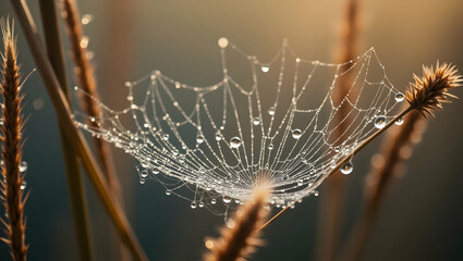 An Intricate Tapestry of Life, A Mesmerizing Macro View of a Dew-Kissed Spiderweb Adorned with Crystalline Droplets, Interwoven with Golden Blades of Grass in the serene Embrace of nature