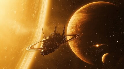 Wall Mural - spacecraft traveling through the solar system, passing by giant planets