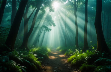 Poster - Sun rays filter through a dense forest canopy, illuminating a winding path.  Lush green foliage and tall trees create a serene and tranquil natural scene.