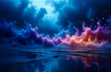 Poster - Vibrant night sky filled with colorful clouds in shades of blue, purple, pink, and orange. The serene water reflects the magical scene at dusk.