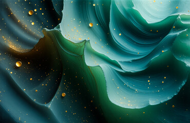 Poster - Abstract flowing background with waves of blue and green colors. Golden sparkles are scattered across the surface, creating a textured and dynamic visual.