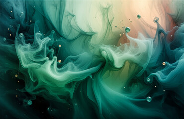Poster - An abstract swirl of emerald green, teal, and soft yellow hues creates a dreamy, fluid motion with bubble-like orbs scattered throughout.