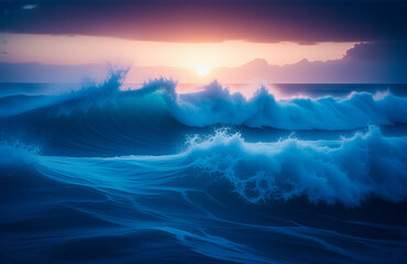 Aufkleber - Powerful ocean waves crash and surge under a vibrant sunset sky.  Deep blue water contrasts with the warm hues of the setting sun and clouds.