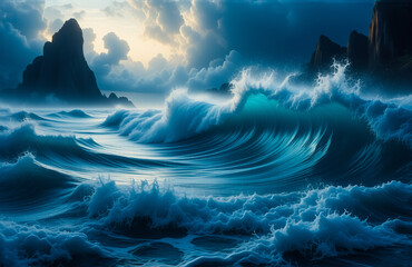 Poster - Dramatic ocean waves powerfully crash against dark rocky cliffs under a cloudy sky. A deep blue sea creates a dynamic and slightly ominous seascape.