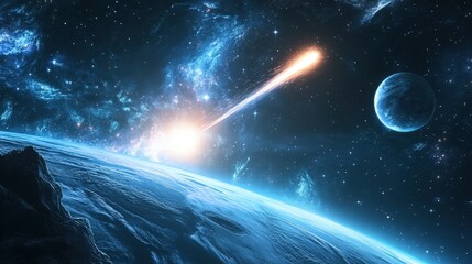 Wall Mural - a glowing scene of a comet passing by the inner planets, leaving a bright tail behind