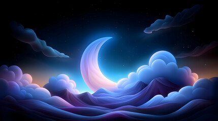Canvas Print - crescent moon over blue night cloudscape