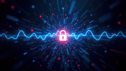An abstract digital art illustration featuring a stylized padlock and binary code symbolizing cyber security.