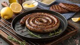 Delicious boerewors coil sizzling on a barbecue plate with fresh lemon wedges ready to enhance the flavor